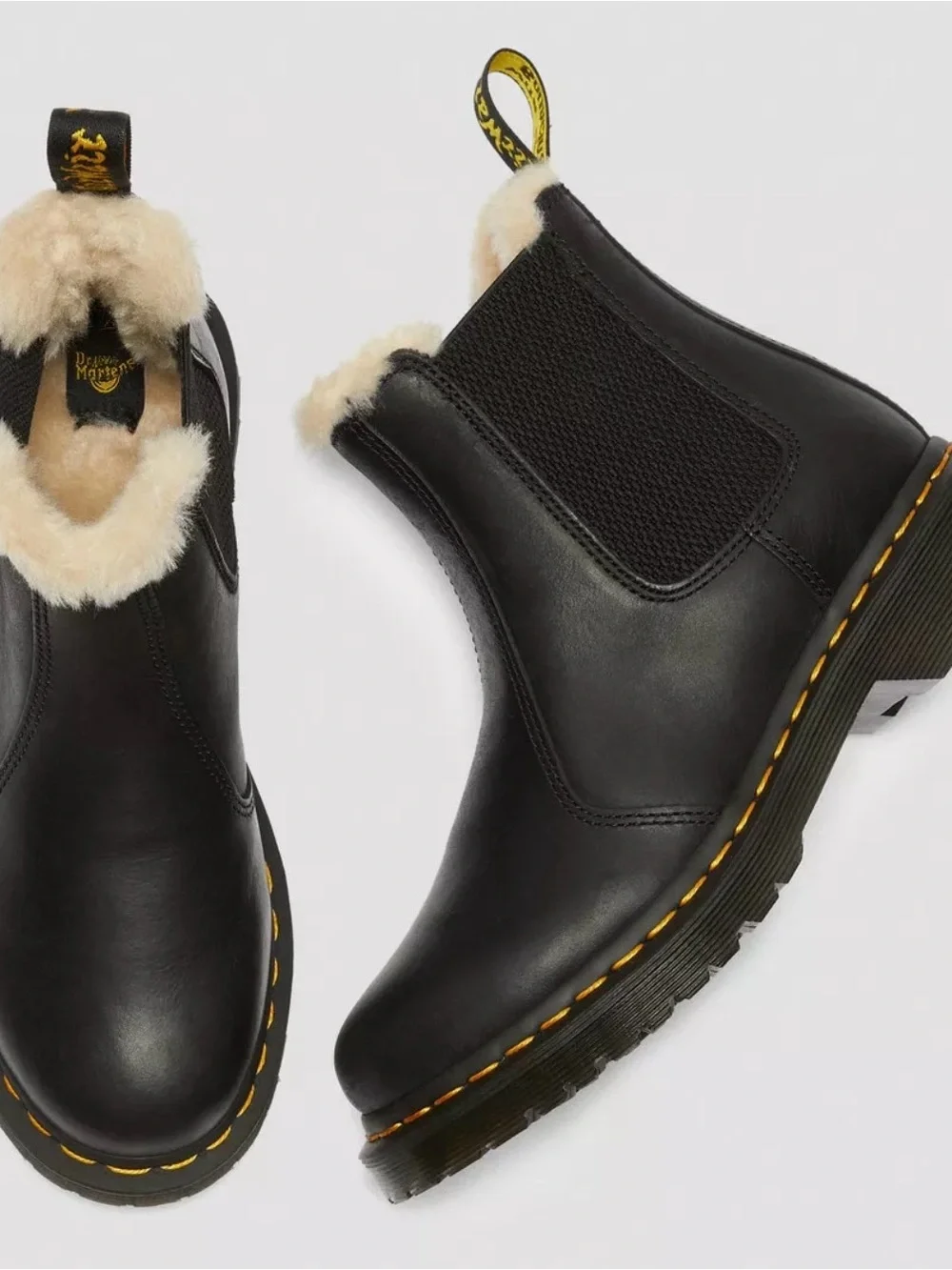 Dr. Martens Black Leather Chelsea Ankle Boots with Cream Fur Lining